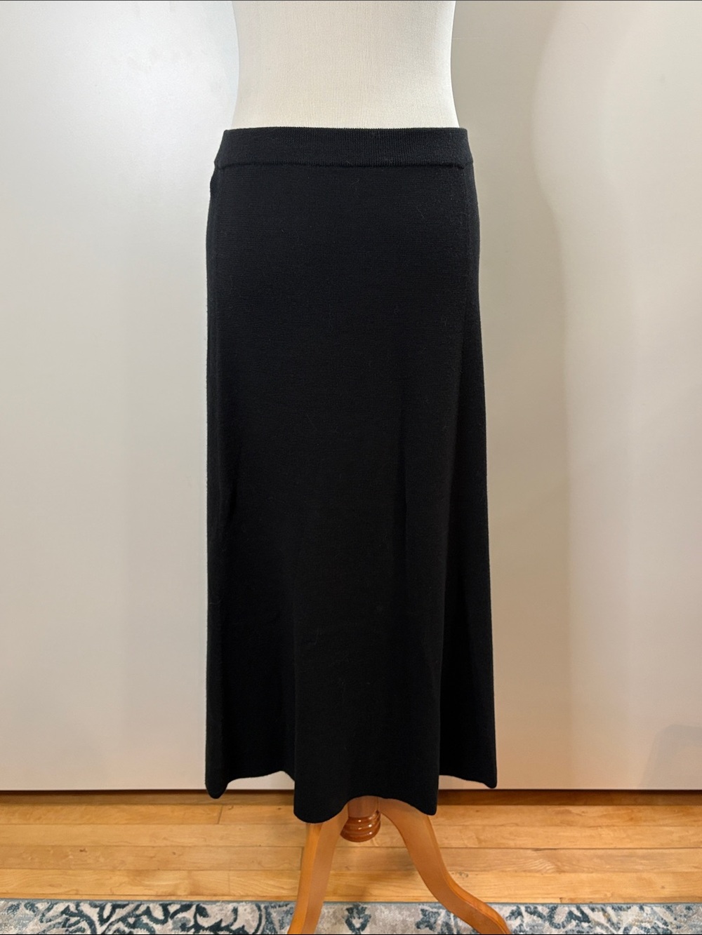 Eileen Fisher 100% Wool Black A-Line Knit Maxi Skirt S